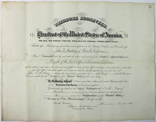 President Theodore Roosevelt Signed 1902 Presidential Appointment Document (PSA/DNA)