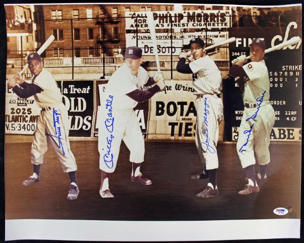 Mantle, DiMaggio, Mays & Snider Rare Signed 16"x20" Color Photo (PSA/DNA)