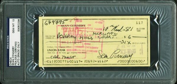 Sean Connery Handwritten & Signed Bank Check - PSA/DNA Graded GEM MINT 10!