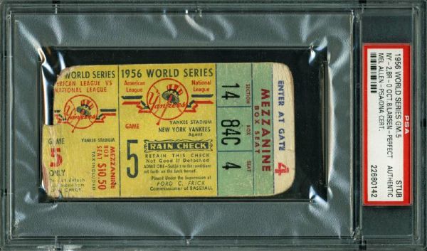 1956 World Series Game 5 Used Ticket Stub from Larsens Perfect Game Signed by Mel Allen (PSA/DNA Encapsulated)