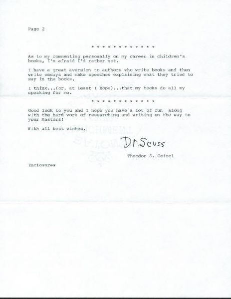 Dr. Seuss Rare Signed Letter on Personal Letterhead w/ Great Content (PSA/DNA)