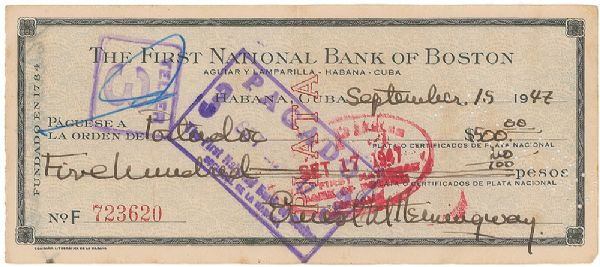 Ernest Hemingway Personal Handwritten & Signed Bank Check (PSA/JSA Guaranteed)