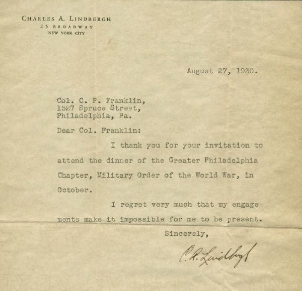 Charles Lindbergh Terrific Signed Typed August 1930 Letter on Personal Letterhead (PSA/DNA)