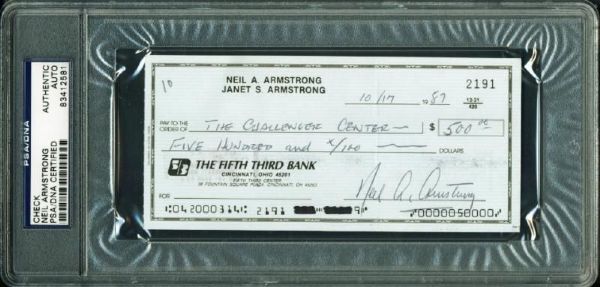 Apollo 11: Neil Armstrong RARE Handwritten & Signed Bank Check - Made Payable to The Challenger Center! (PSA/DNA Encapsulated)