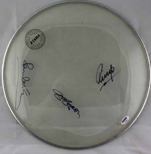 The Beatles: One-of-a-Kind Paul McCartney, George Harrison & Ringo Starr Signed 14" Drumhead (PSA/DNA)