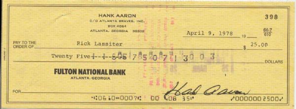 Hank Aaron Uncommon Vintage Signed 1978 Personal Fulton National Bank, Atlanta Georgia Check (PSA/JSA Guaranteed)