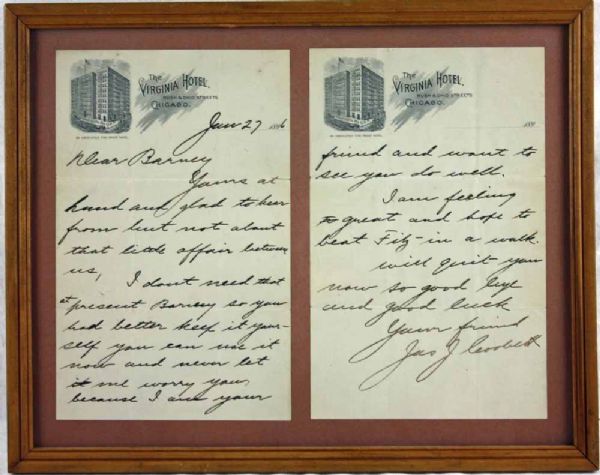 James J. Corbett signed Handwritten Letter w/ Ref to Fitzsimmons Fight (PSA/DNA)