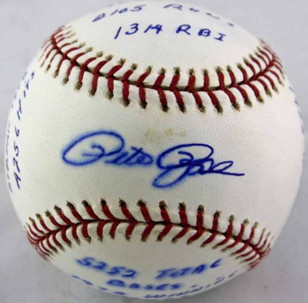 Pete Rose Signed & Inscribed Stat Baseball w/ 15 Unique Stats! (Reggier Jackson & PSA/JSA Guaranteed)