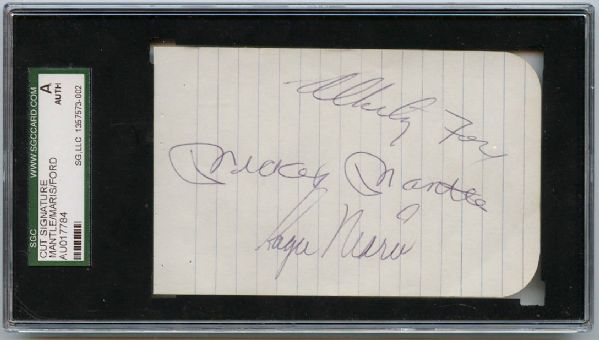 1960s Yankees: Roger Maris, Mickey Mantle & Whitey Ford Vintage Signed 3" x 5" Album Page (JSA Encapsulated)
