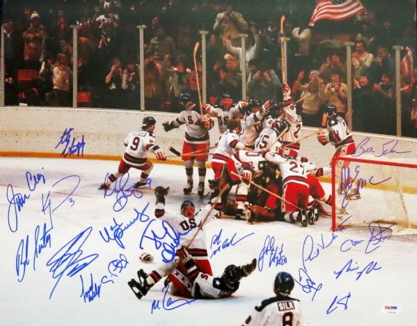1980 USA Mens Olympic Hockey Team Signed 16" x 20" Photo w/ 20 Signatures! (PSA/DNA)
