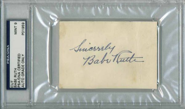 Babe Ruth Beautiful Signed 3" x 4" Vintage Album Page - PSA/DNA Graded MINT 9