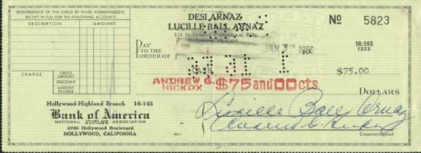 Lucille Ball Twice Signed Bank Check from TVs Favorite Couple Desi & Lucille Ball Personal Account! (JSA)