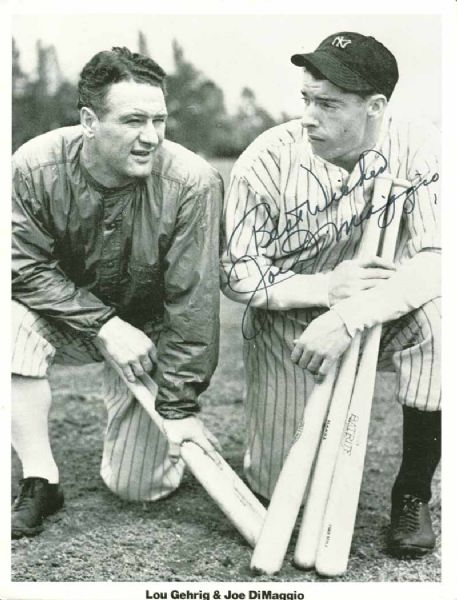 Joe DiMaggio Signed 5" x 7" Photo w/ Lou Gehrig! (PSA/JSA Guaranteed)
