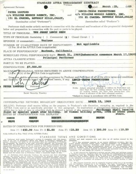 Peter Lawford Vintage Signed 1969 AFTRA Jerry Lewis Show Performance Contract! (PSA/JSA Guaranteed)