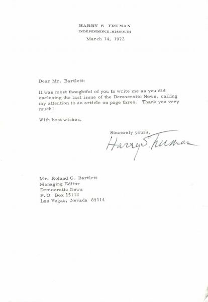 Harry S. Truman Signed 1972 Typed Letter (PSA/JSA Guaranteed)