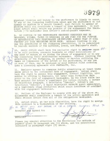 Janis Joplin ULTRA-RARE Signed Los Angeles County Concert Details Agreement (PSA/DNA)