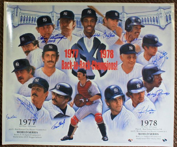 Lot of Two (2) Signed Baseball Lithographs w/ 1977 Yankees Team-Signed Display & Paul Oneill Display (PSA/JSA Guaranteed)