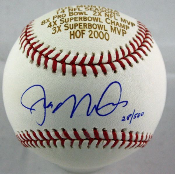 Joe Montana Signed OML Limited Edition Stat Engraved Baseball (PSA/DNA)