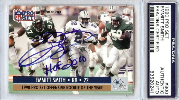 Emmitt Smith Rare Signed 1990 Pro Set Rookie Card w/ "HOF 2010" Inscription (PSA/DNA Encapsulated)