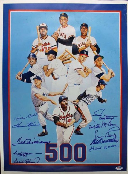 500 Home Run Hitters Superbly Signed Ron Lewis Lithograph w/ Mantle, Williams & Others (PSA/DNA)