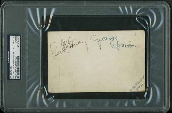 The Beatles: Paul McCartney & George Harrison Signed Original Beatles Fan Club Card (PSA/DNA, Perry Cox & Ciazzio)