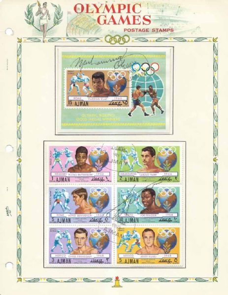 Vintage Muhammad Ali & Joe Frazier Signed 1960 Olympic Stamps Page (PSA/DNA)