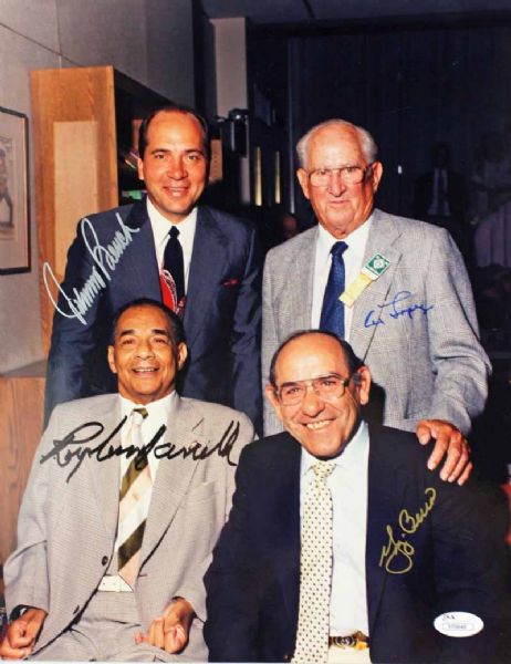 HOF Catcher Legends: Scarce Oversized Multi-Signed 11" x 14" Color Photo w/ Campanella, Bench, Berra & Lopez (JSA)