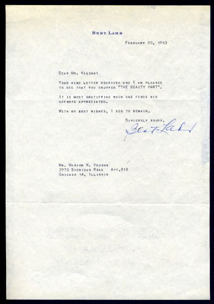 Wizard of Oz: Bert Lahr (Cowardly Lion) Rare Signed 1963 Personal Letter (JSA)