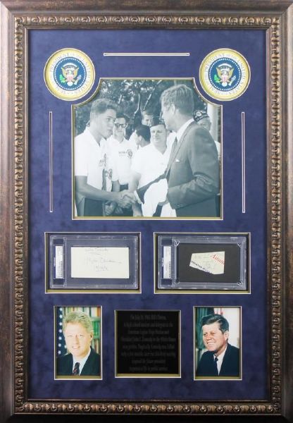 John F. Kennedy & Bill Clinton Signed Cuts Display w/ Rare Photograph of 1963 Meeting! (PSA/DNA Encapsulated)