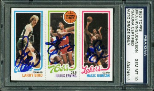 1980-81 Topps Magic Johnson, Larry Bird & Julius Erving Card - Signed by All 3 - Magic & Birds Rookie - PSA/DNA Graded GEM MINT 10!