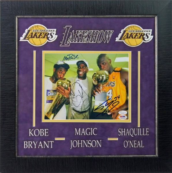 Lakeshow: Kobe Bryant, Shaquille ONeal & Magic Johnson Signed & Framed 8" x 10" Photo Display (JSA & PSA/DNA)