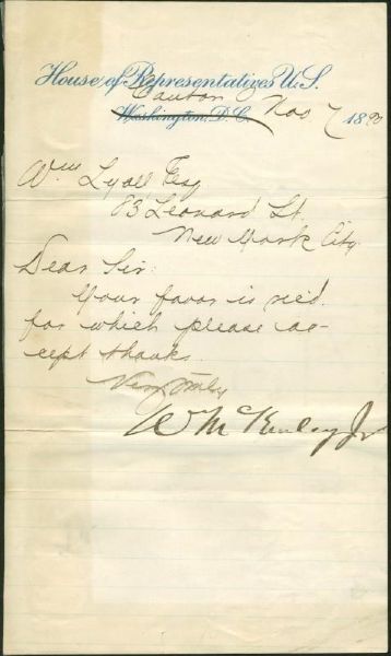 William McKinley Signed House of Representatives Letter (PSA/DNA)