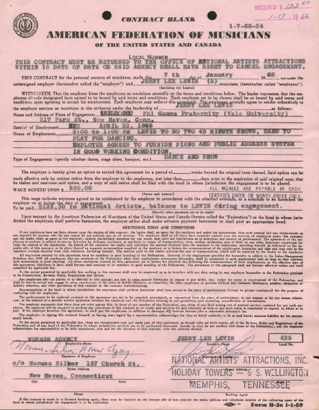 Jerry Lee Lewis Signed 1966 Yale University Contract (PSA/DNA)