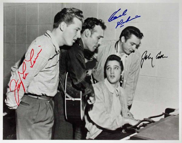 The Million Dollar Quartet: Amazing Signed 11" x 14" Photo w/Cash, Perkins & Lewis - PSA/DNA Graded GEM MINT 10!