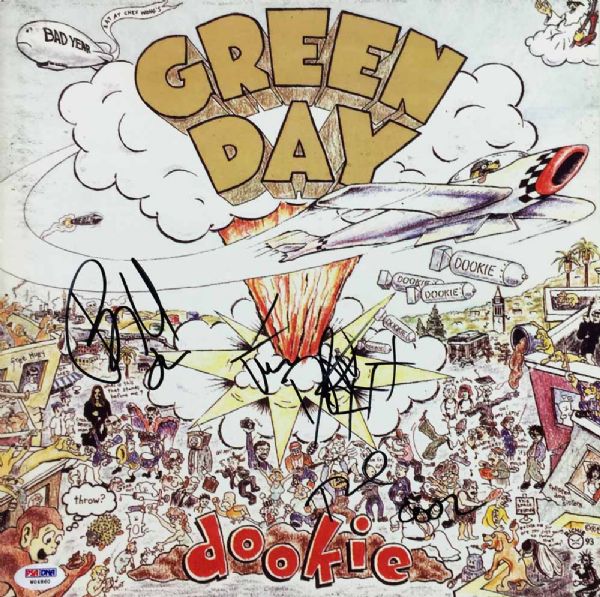 Green Day Group Signed "Dookie" Record Album Cover (PSA/DNA)