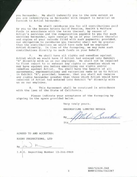 Joan Rivers UTRA-RARE SIgned Contract for 1987 Feature Film "Spaceballs" Countersigned by Mel Brooks!(PSA/DNA)