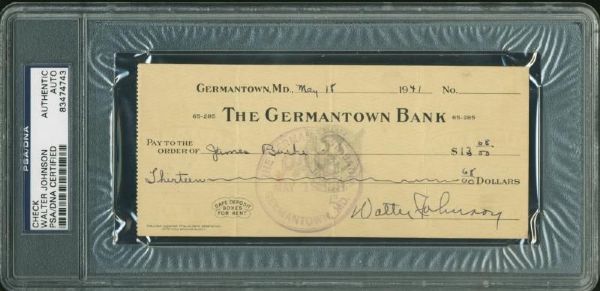 Walter Johnson 1941 Handwritten & Signed Bank Check (PSA/DNA Encapsulated)