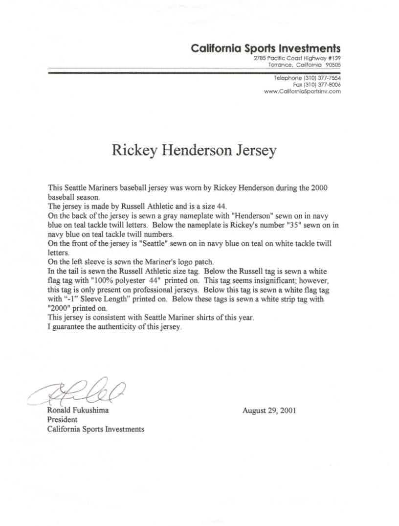Lot Detail - 2000 Rickey Henderson Game Used Seattle Mariners Road Jersey  (Mill Creek)