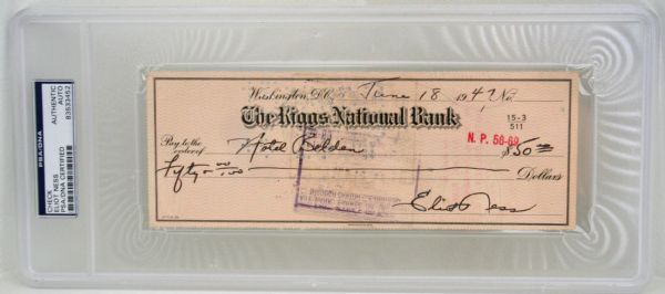 Eliot Ness Signed Personal Bank Check (PSA/DNA Encapsulated)