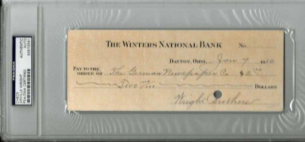 Orville Wright Signed 1910 Bank Check w/ Rare "Wright Brothers" Signature (PSA/DNA Encapsulated)