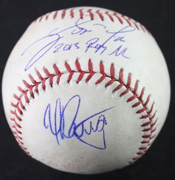 Yasiel Puig & Jose Fernandez Unique Game Used & Dual Signed OML Baseball - 8/19/2013 - LAD at MIA (MLB Holo & JSA COA)