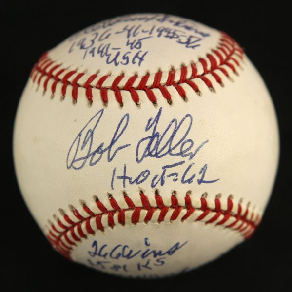 Bob Feller Signed OAL Baseball w/ Impressive 10 Hand Written Career Stats! (JSA)