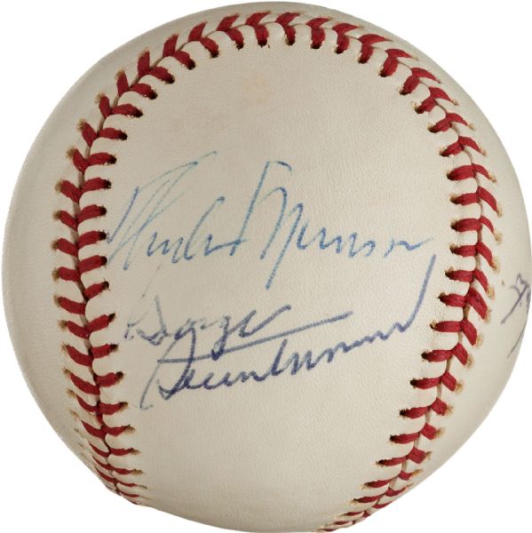Yankee Legends: Stunning Near-Mint Multi-signed OAL MacPhail Baseball w/ Thurman Munson, Catfish Hunter & George Steinbrenner! (PSA& JSA)