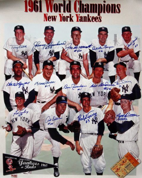 1961 WS Champion New York Yankees Multi-Signed 16 x 20 Lithograph w/ 14 Signatures (PSA/JSA Guaranteed)