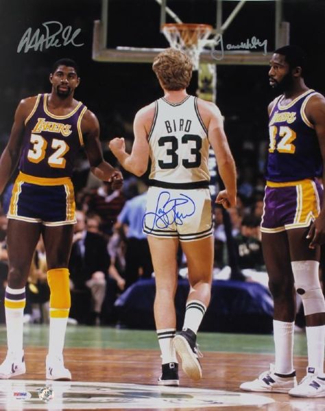 Larry Bird, Magic Johnson & James Worthy Signed 16" x 20" Photo (Bird Holo & PSA/DNA)