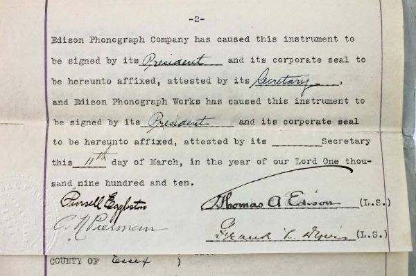 Thomas Edison Signed Significant Legal Document Regarding Lawsuit Settlement with Phonograph Rival (PSA/DNA)