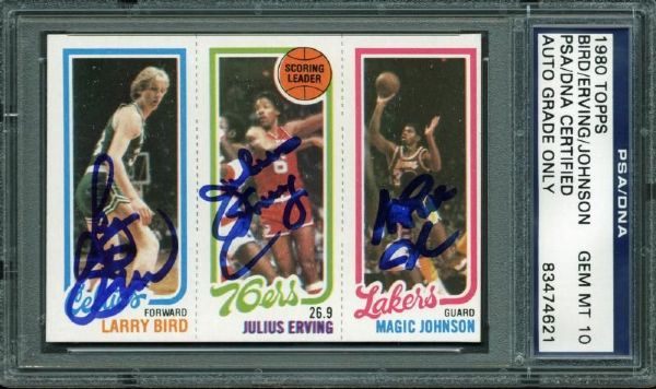 1980-81 Topps Magic Johnson, Larry Bird & Julius Erving Card - Signed by All 3 - Magic & Birds Rookie - PSA/DNA Graded GEM MINT 10!