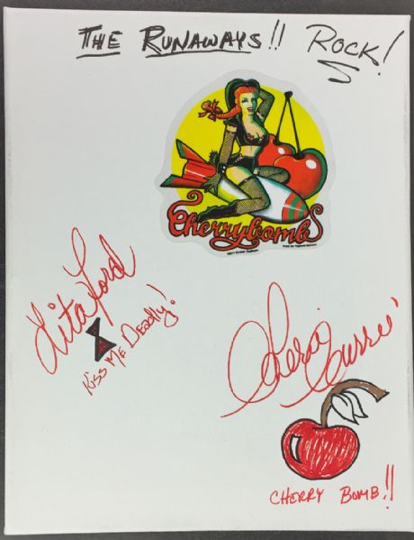 The Runaways: Lita Ford & Cherie Currie Unique Signed 10" x 13" Canvas Board with Hand Drawn Sketches! (PSA/JSA Guaranteed)