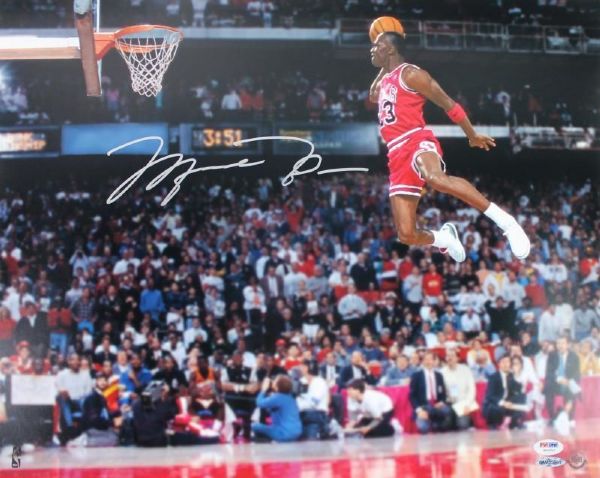 Michael Jordan Signed 16" x 20" Color Photo feat. The Historic Gatorade Slam Dunk - PSA/DNA Graded GEM MINT 10!