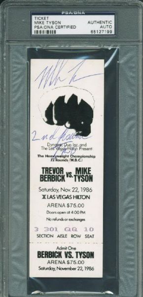 Mike Tyson Signed 1986 Berbick Fight Ticket w/ "2nd Round TKO" Inscription (PSA/DNA Encapsulated)